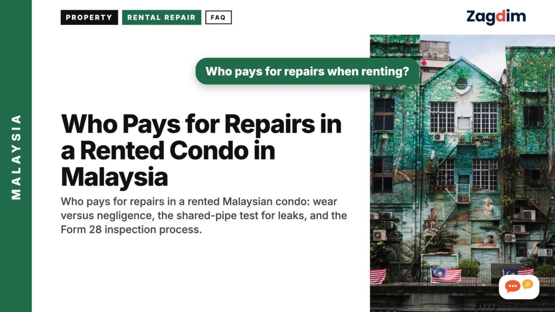 Green heritage shophouse decorated with Malaysian flags, illustrating Who Pays for Repairs in a Rented Condo in Malaysia
