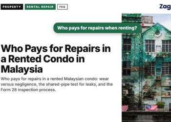 Green heritage shophouse decorated with Malaysian flags, illustrating Who Pays for Repairs in a Rented Condo in Malaysia