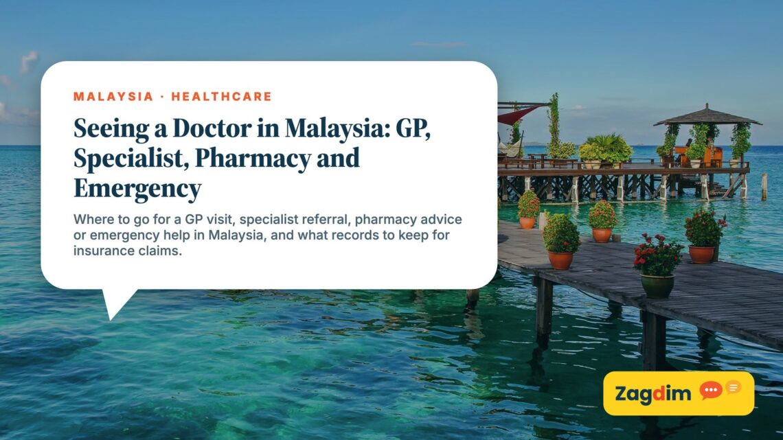 Wooden jetty with pergola over turquoise sea, illustrating Seeing a Doctor in Malaysia: GP, Specialist, Pharmacy and Emergency