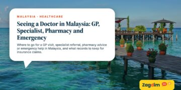 Wooden jetty with pergola over turquoise sea, illustrating Seeing a Doctor in Malaysia: GP, Specialist, Pharmacy and Emergency