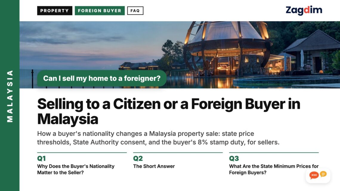 Glass dome pavilion reflected in water at dusk, illustrating Selling to a Citizen or a Foreign Buyer in Malaysia