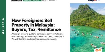 Aerial view of boats anchored in a turquoise lagoon beside a green island, illustrating How Foreigners Sell Property in Malaysia: Buyers, Tax, Remittance