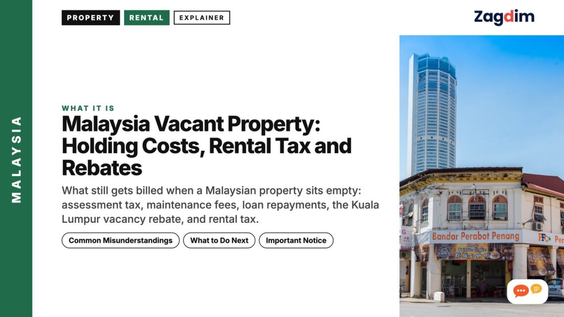 George Town heritage shophouses with Komtar tower in background, illustrating Malaysia Vacant Property: Holding Costs, Rental Tax and Rebates