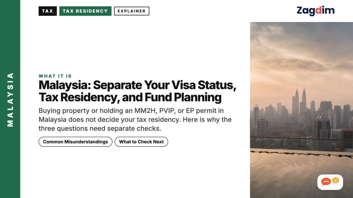 Foggy Kuala Lumpur skyline seen from a rooftop pool, illustrating Malaysia: Separate Your Visa Status, Tax Residency, and Fund Planning