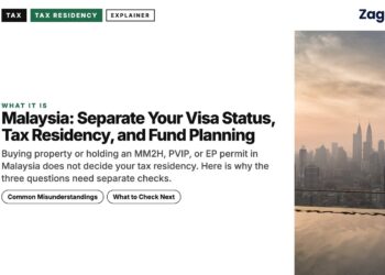 Foggy Kuala Lumpur skyline seen from a rooftop pool, illustrating Malaysia: Separate Your Visa Status, Tax Residency, and Fund Planning
