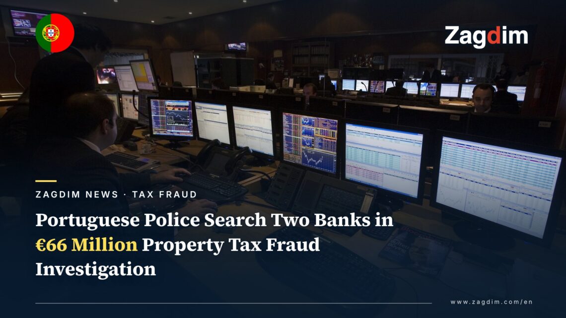 Banco Carregosa trading room photo, with headline Portuguese Police Search Two Banks in 66 Million Euro Property Tax Fraud Investigation