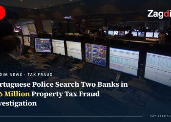 Banco Carregosa trading room photo, with headline Portuguese Police Search Two Banks in 66 Million Euro Property Tax Fraud Investigation