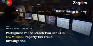 Banco Carregosa trading room photo, with headline Portuguese Police Search Two Banks in 66 Million Euro Property Tax Fraud Investigation