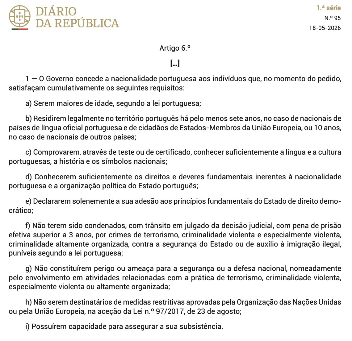 Article 6(1) of Organic Law No. 1/2026 in the Diário da República