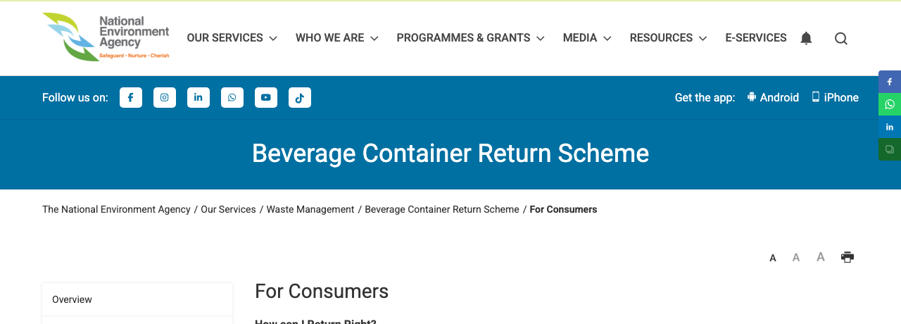 The header of the National Environment Agency BCRS consumer page