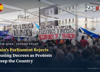 Crowd at the Puerta del Sol housing-protest encampment in Madrid holding hand-painted banners opposing investment funds
