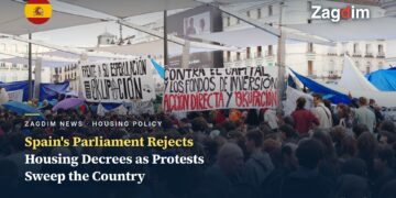 Crowd at the Puerta del Sol housing-protest encampment in Madrid holding hand-painted banners opposing investment funds