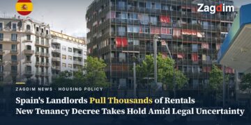 Residential apartment buildings on a street in Barcelona, Spain, illustrating a story on landlords withdrawing homes from the long-term rental market over new housing decrees
