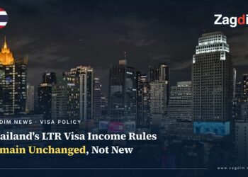 Bangkok night skyline, overlaid with headline text about Thailand's LTR visa income rules
