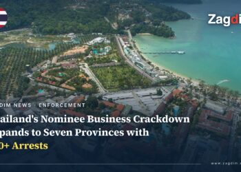 Aerial view of Patong beach resort area, Phuket, Thailand (file photo), illustrating Thailand's crackdown on foreign nominee business structures