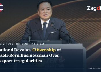 Thai Prime Minister and Interior Minister Anutin Charnvirakul speaking at a podium, announcing the revocation of a Bangkok-based, Israeli-born businessman's Thai citizenship over passport irregularities