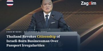 Thai Prime Minister and Interior Minister Anutin Charnvirakul speaking at a podium, announcing the revocation of a Bangkok-based, Israeli-born businessman's Thai citizenship over passport irregularities