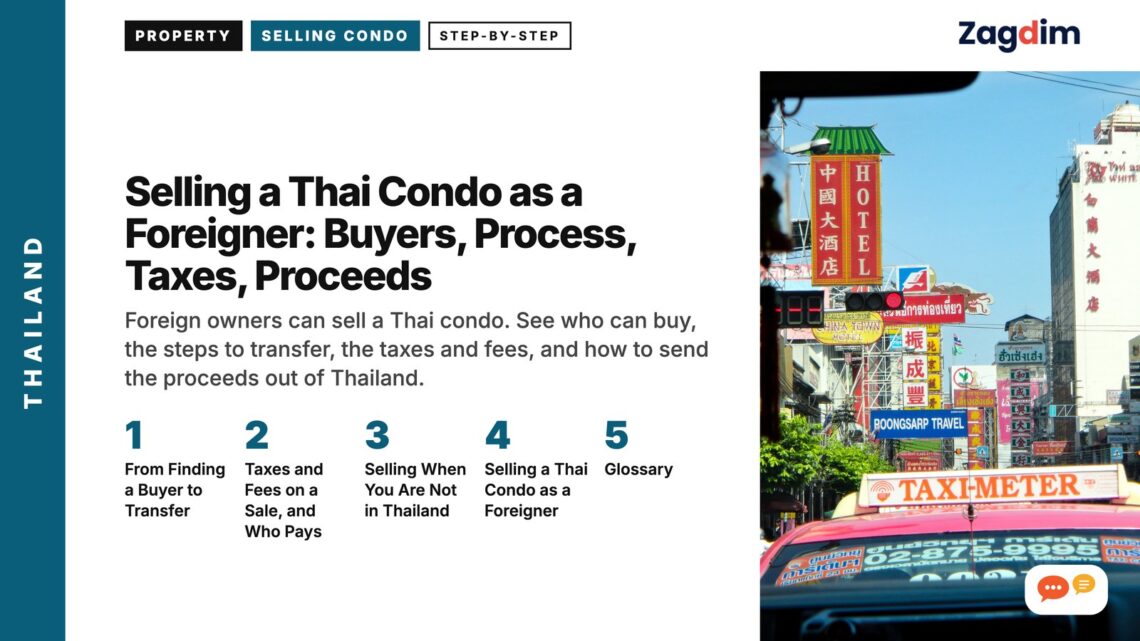 Chinatown street with taxi and Chinese hotel signage, illustrating Selling a Thai Condo as a Foreigner: Buyers, Process, Taxes, Proceeds