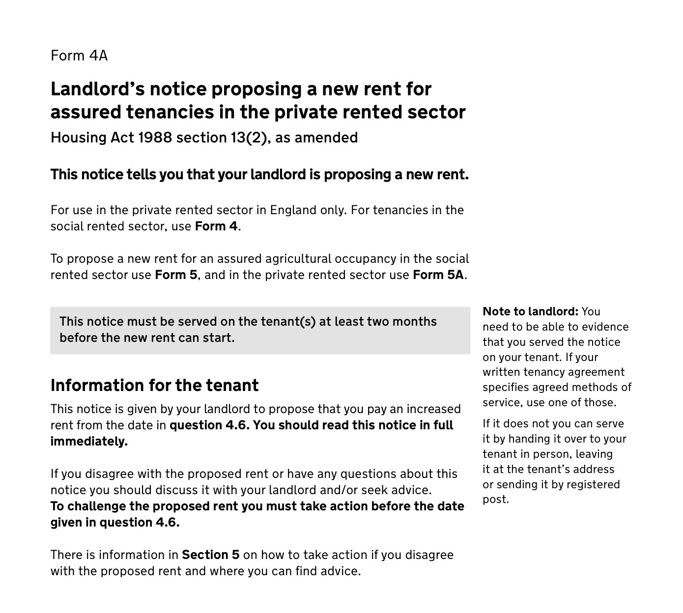 UK Government Form 4A rent increase notice, page 1