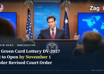 US Secretary of State Marco Rubio speaks at the State Department press briefing room podium bearing the Department of State seal