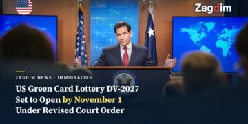 US Secretary of State Marco Rubio speaks at the State Department press briefing room podium bearing the Department of State seal