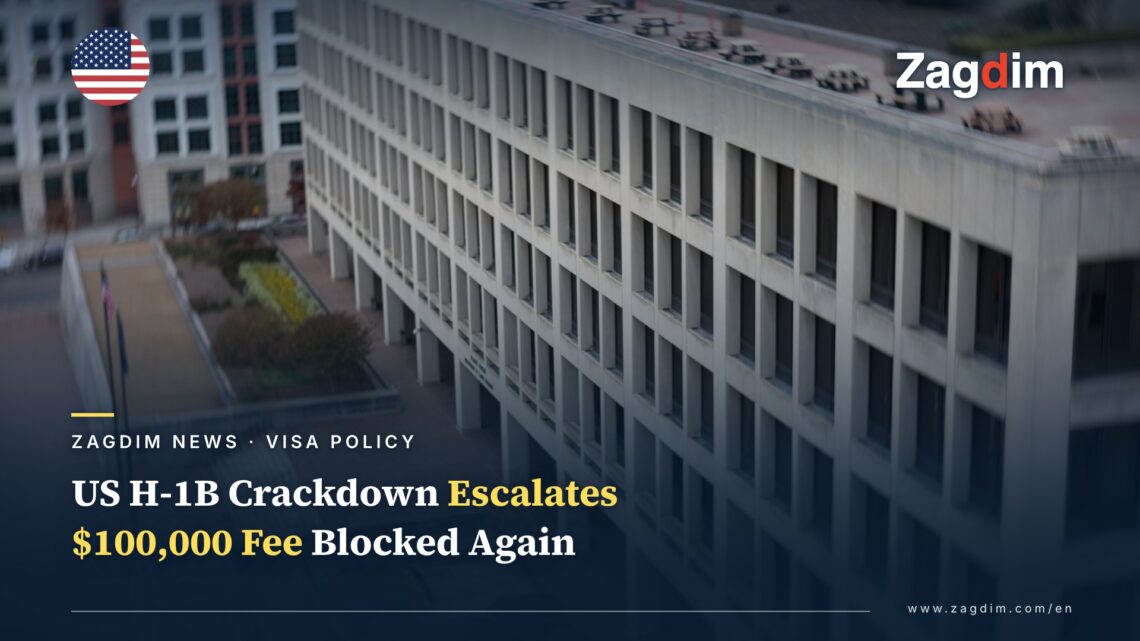 Aerial view of the US Department of Labor's Frances Perkins Building headquarters with article title overlay