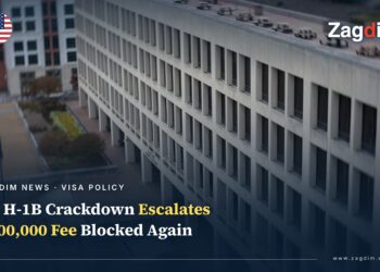 Aerial view of the US Department of Labor's Frances Perkins Building headquarters with article title overlay