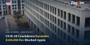 Aerial view of the US Department of Labor's Frances Perkins Building headquarters with article title overlay