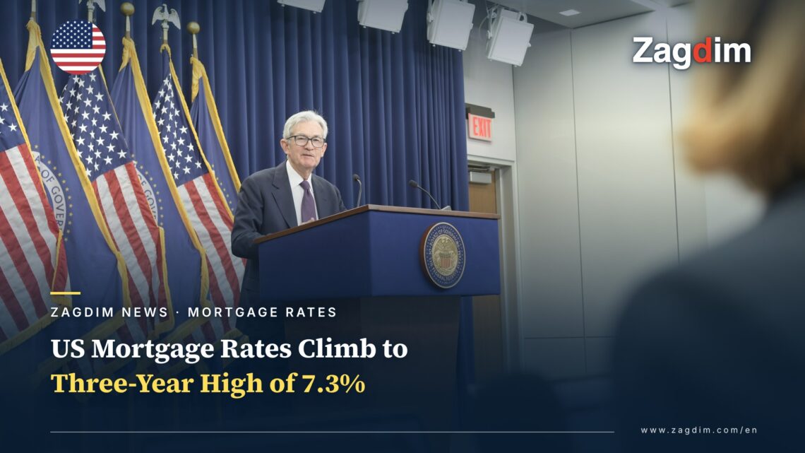 Federal Reserve Chair Jerome Powell speaking at a press conference, flanked by US flags and the Federal Reserve seal — US mortgage rates climb to a three-year high of 7.3%