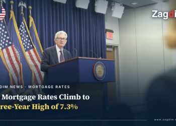 Federal Reserve Chair Jerome Powell speaking at a press conference, flanked by US flags and the Federal Reserve seal — US mortgage rates climb to a three-year high of 7.3%