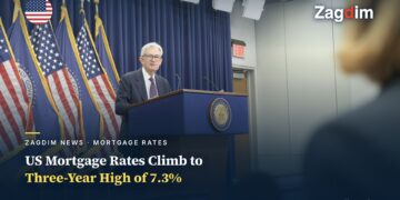Federal Reserve Chair Jerome Powell speaking at a press conference, flanked by US flags and the Federal Reserve seal — US mortgage rates climb to a three-year high of 7.3%