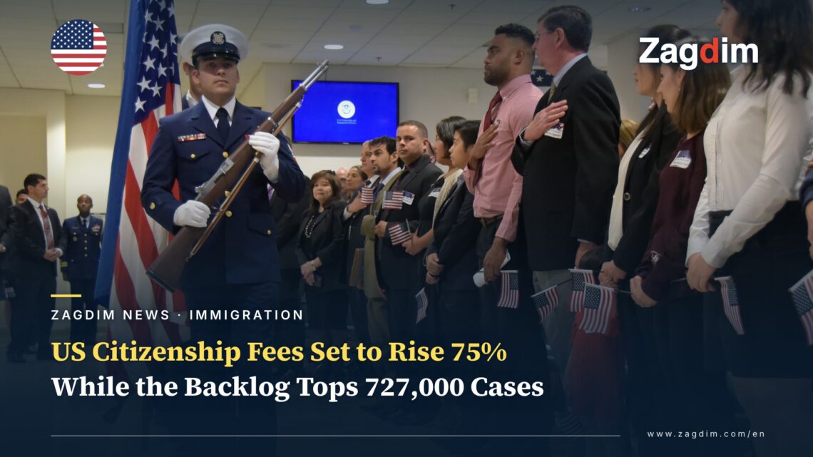 DHS honor guard and a line of new citizens taking the Oath of Allegiance with hands over hearts at a naturalization ceremony, USCIS seal visible on a screen behind them
