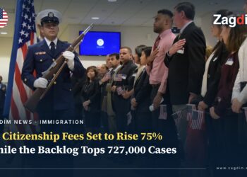 DHS honor guard and a line of new citizens taking the Oath of Allegiance with hands over hearts at a naturalization ceremony, USCIS seal visible on a screen behind them