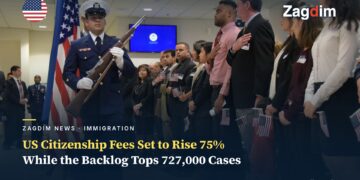 DHS honor guard and a line of new citizens taking the Oath of Allegiance with hands over hearts at a naturalization ceremony, USCIS seal visible on a screen behind them