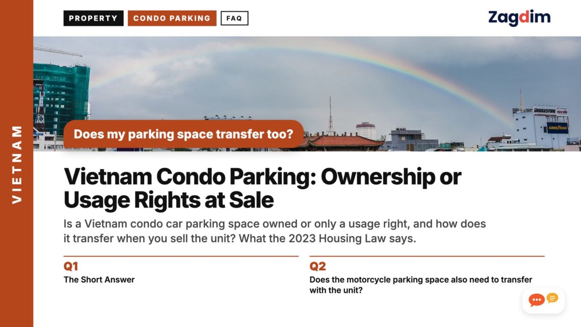 Rainbow arching over Da Nang city rooftops, illustrating Vietnam Condo Parking: Ownership or Usage Rights at Sale