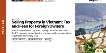 Aerial view of terraced rice fields and village in a valley, illustrating Selling Property in Vietnam: Tax and Fees for Foreign Owners