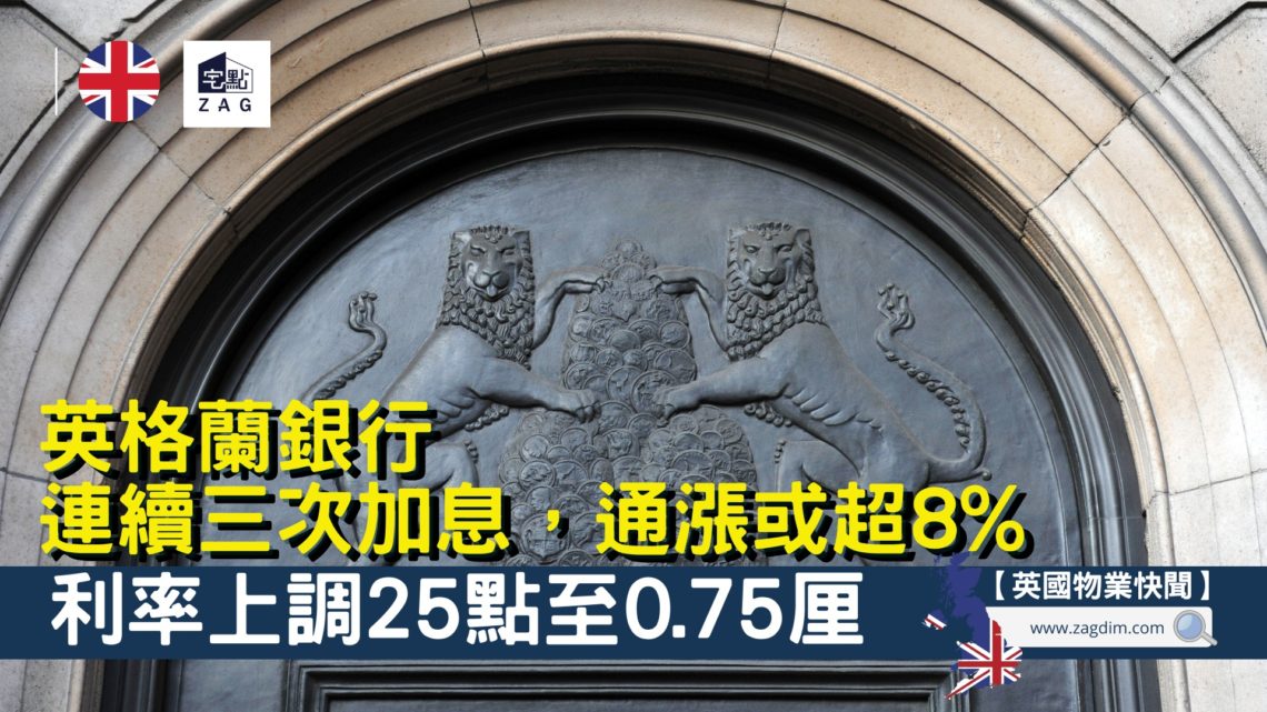 英國再次加息25點子至0.75厘,20多年來首次連續3次加息