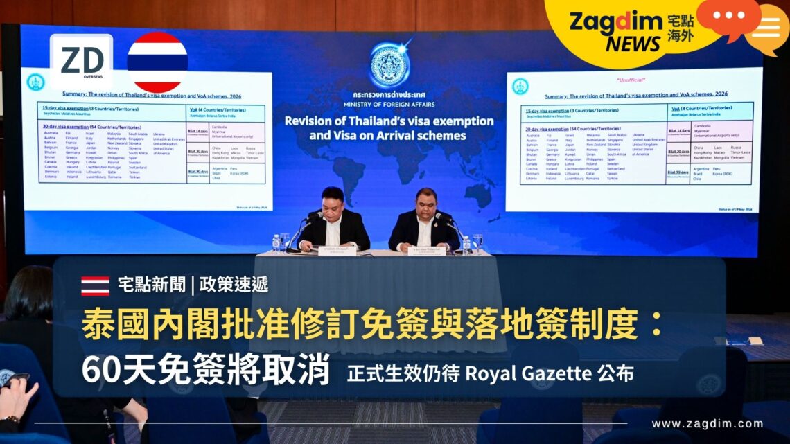 泰國內閣批准修訂免簽與落地簽制度:60天免簽將取消。正式生效仍待 Royal Gazette 公布