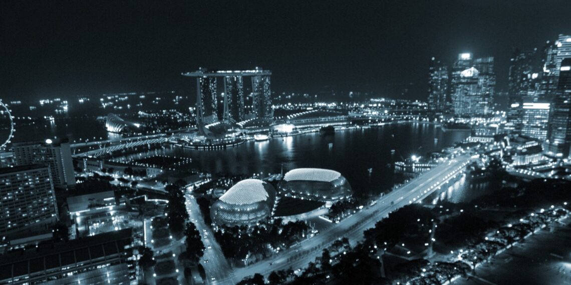 Marina Bay and the Singapore central business district skyline at night