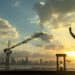 Abu Dhabi skyline at sunset seen past a construction crane