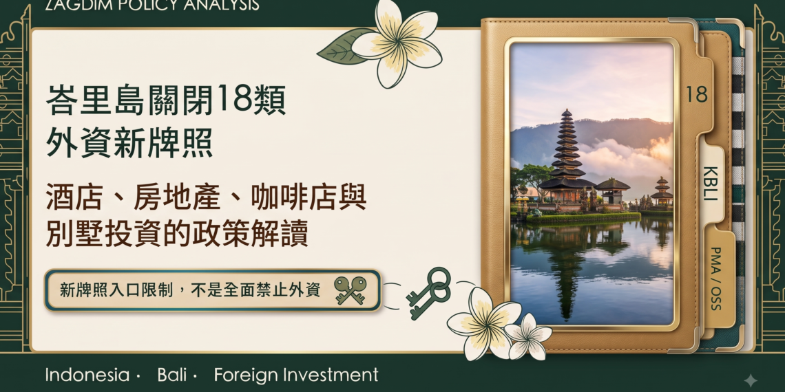 峇里島關閉18類外資新牌照的政策解讀封面,標示18項KBLI、PMA與OSS。