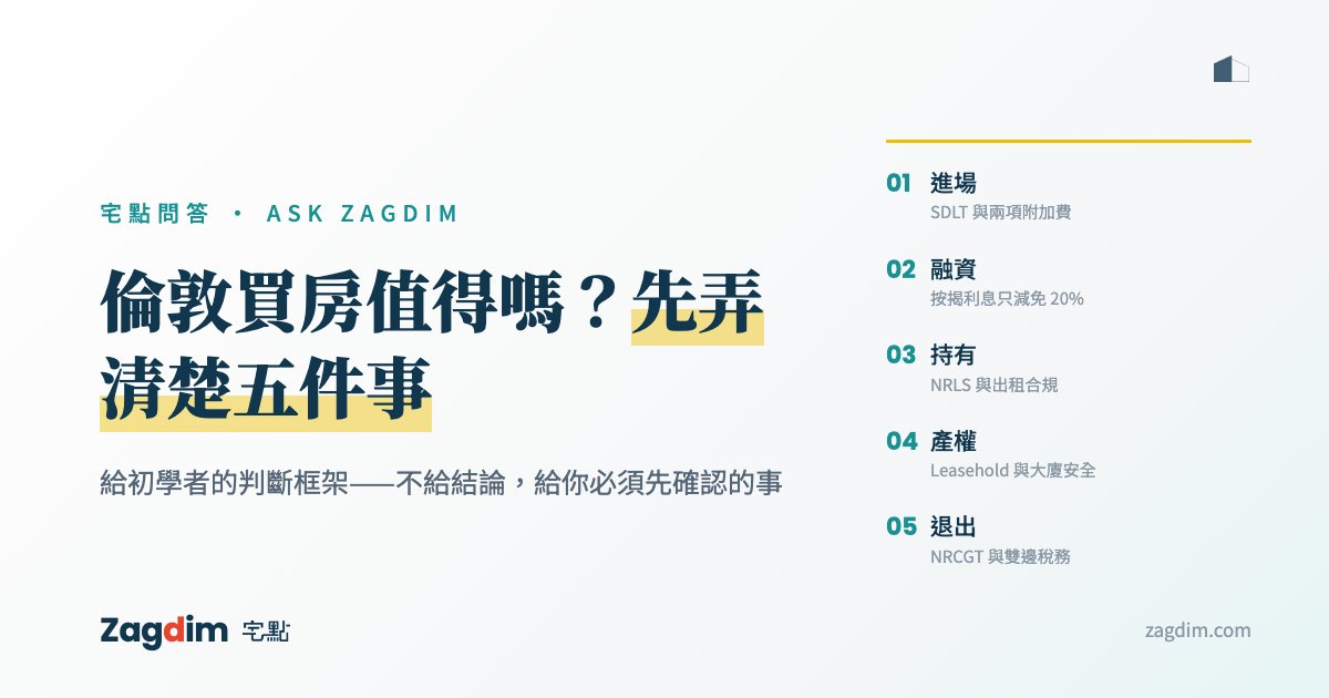 倫敦買房要先弄清楚的五件事:一、進場——SDLT 與兩項附加費;二、融資——按揭利息只減免 20%;三、持有——NRLS 與出租合規;四、產權——Leasehold 與大廈安全;五、退出——NRCGT 與雙邊稅務