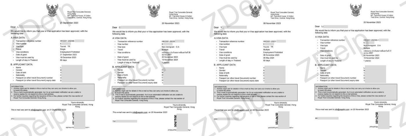 泰國 e-Visa 批核通知書（含 Non-Immigrant O-A），申請人個人資料已遮蔽