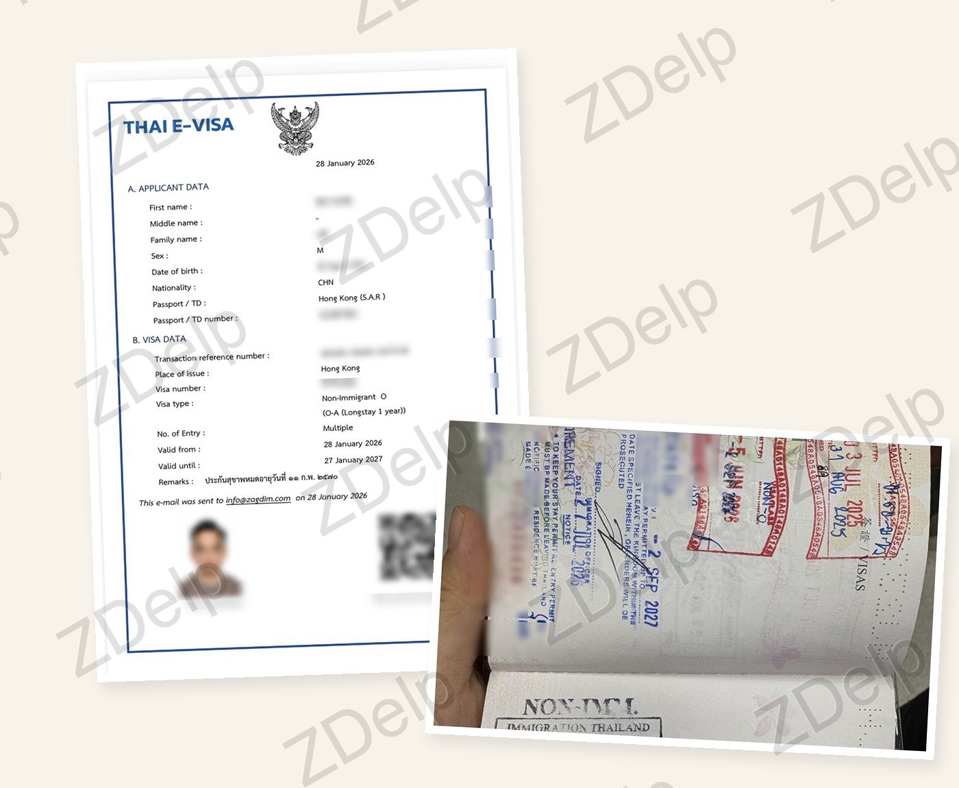 泰國退休簽證 e-Visa 批核信與護照延簽印章（個資已遮蔽）