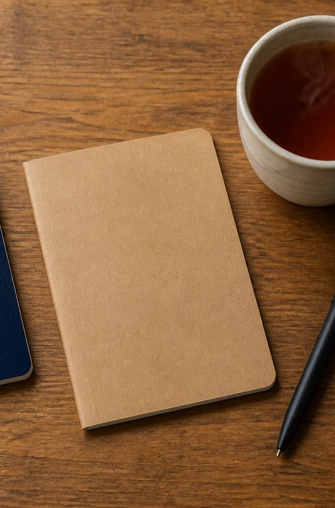 書桌上的護照、筆記本與一杯茶（示意圖）