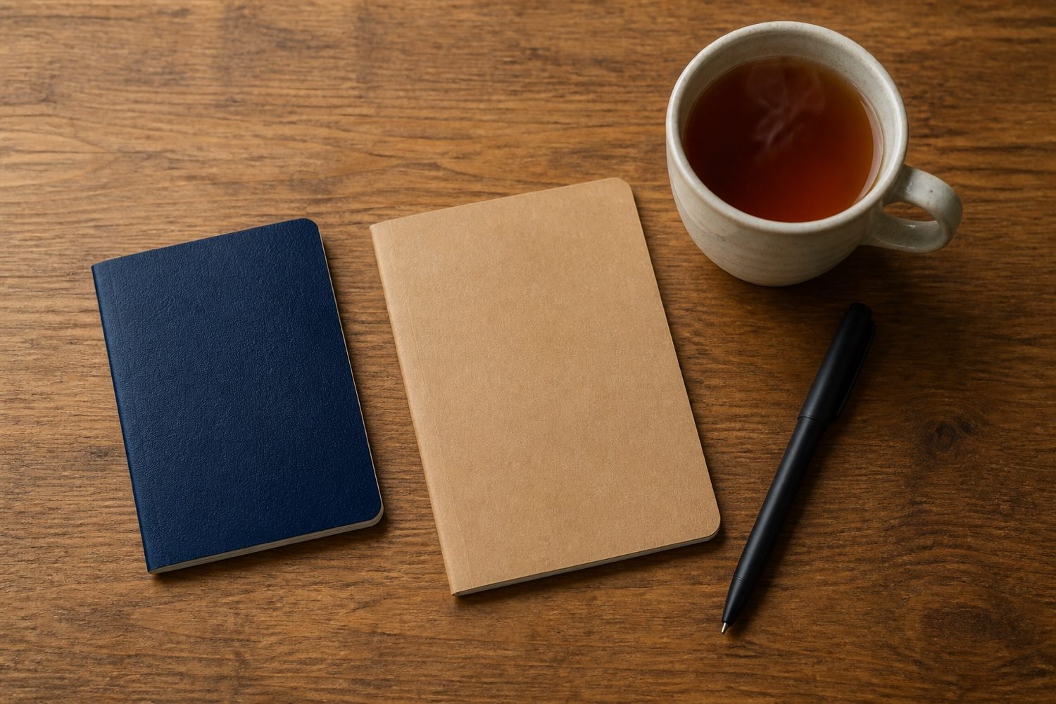 書桌上的護照、筆記本與一杯茶（示意圖）