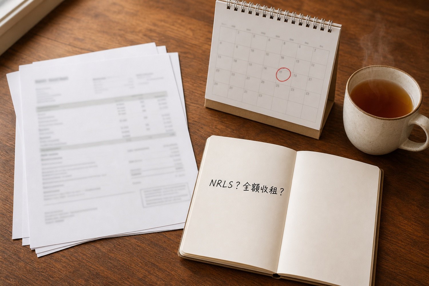 稅務預審文件平拍：租金月結單、日曆與筆記本（示意圖）