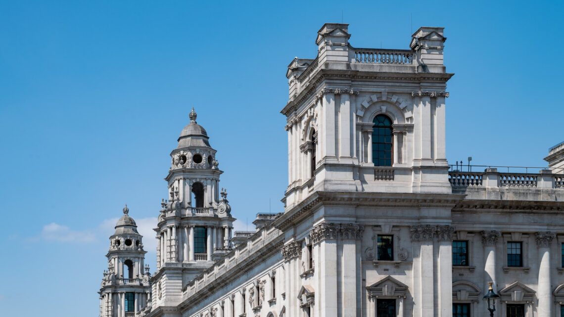 HM Treasury building on Whitehall in London, the department delivering the UK's October 2026 budget