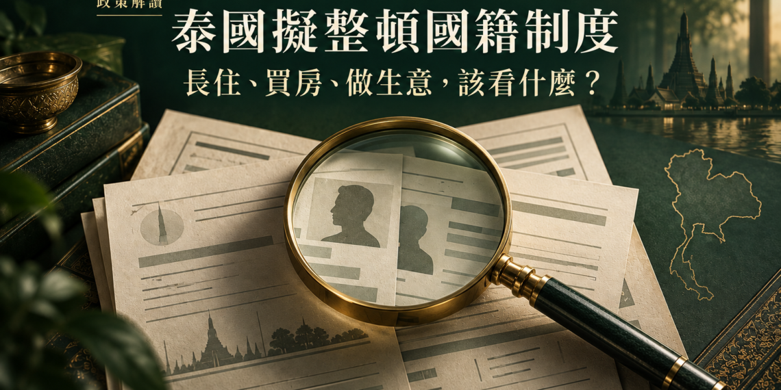 泰國國籍制度改革主題的概念封面,以身分核對意象帶出長住、買房與經營問題。