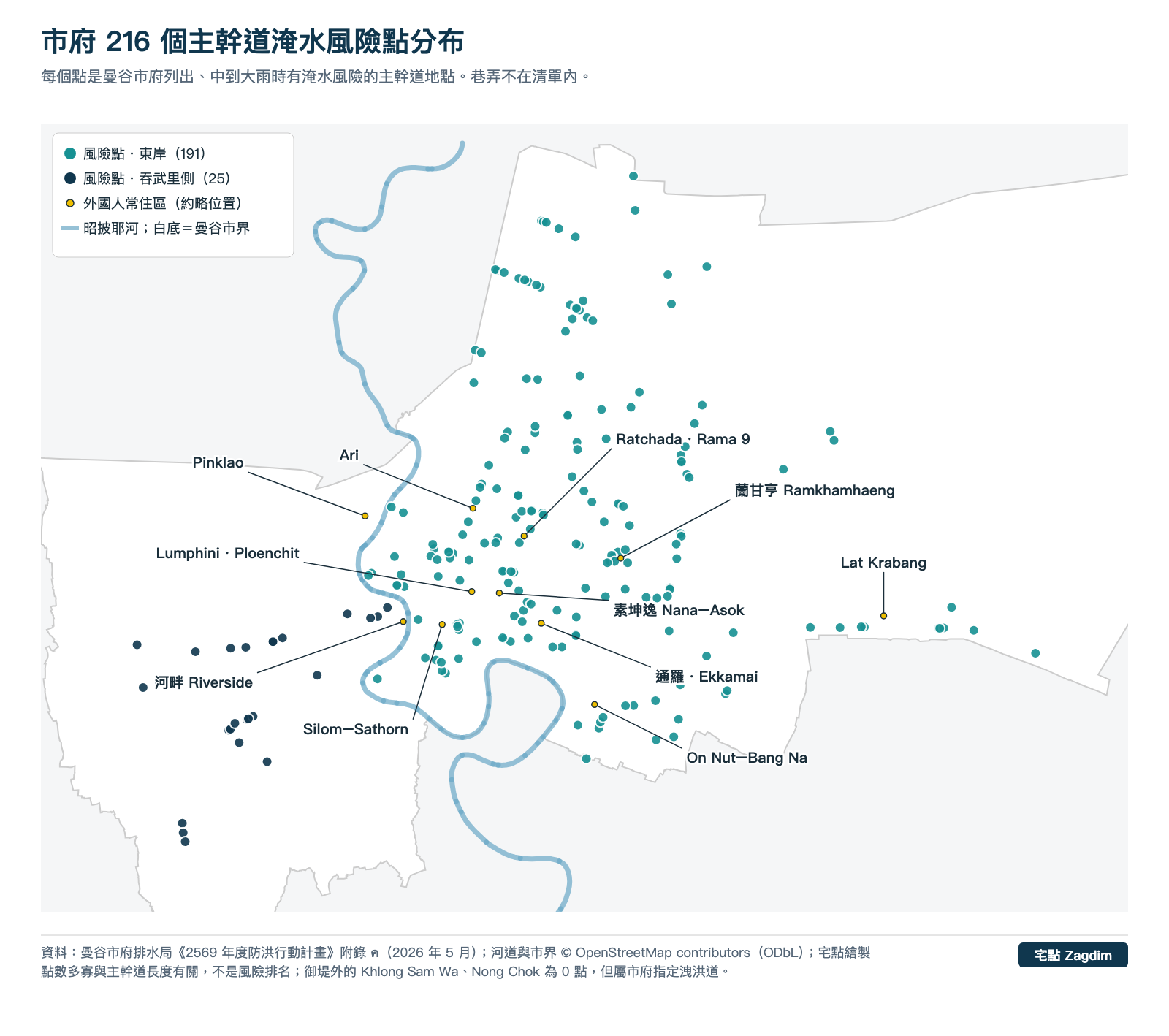 曼谷地圖:市府 216 個主幹道淹水風險點的位置,以及外國人常住區的約略位置